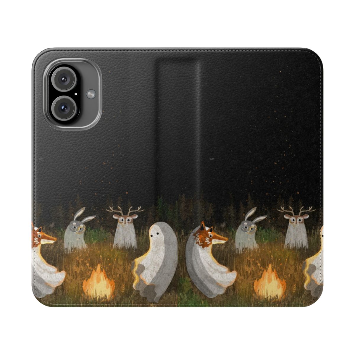 Flip cover phone case with a masquerade-inspired, spooky nature design