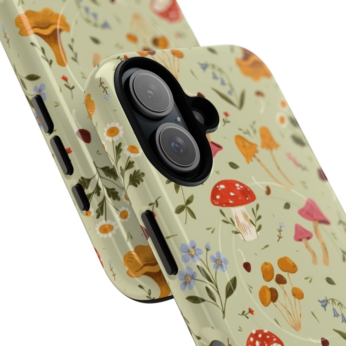 Closeup of a magnetic phone case featuring a whimsical design of mushrooms and wildflowers in a botanical, forest-inspired pattern. - Detail