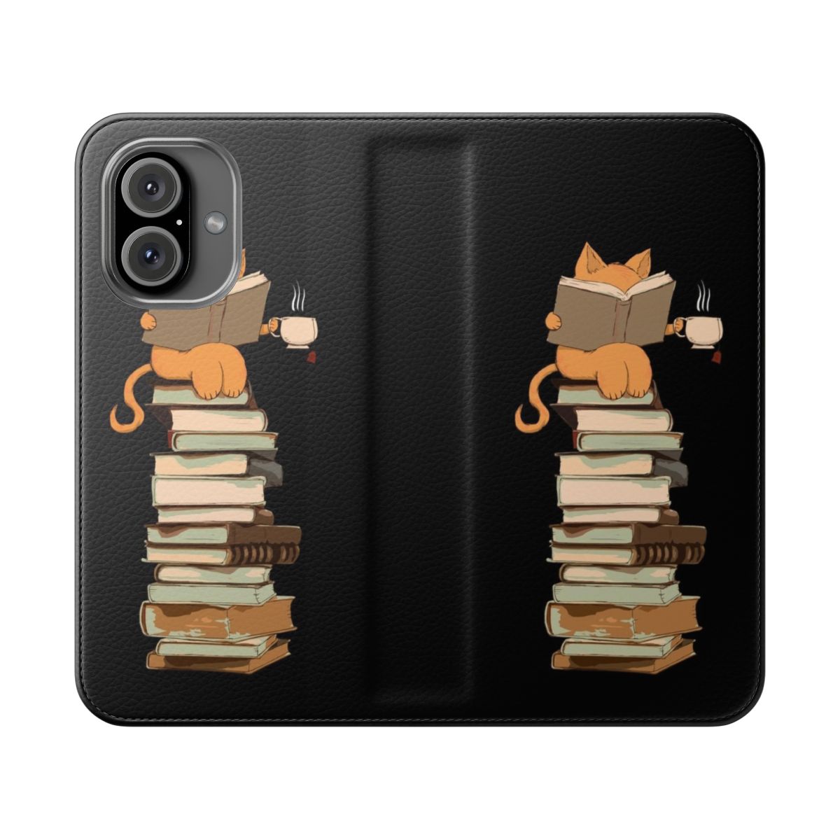 Colorful flip phone case featuring kittens, cats, books, and quotes for the ultimate book and cat lover.