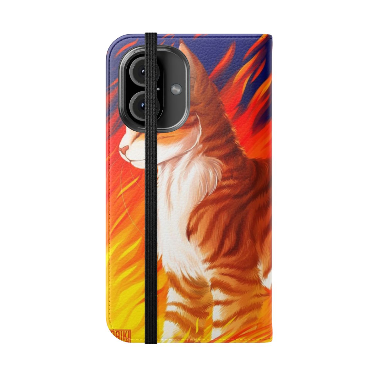 A high-quality flip phone case featuring a printed design inspired by the Warrior Cats character Firestar. - Folded Front