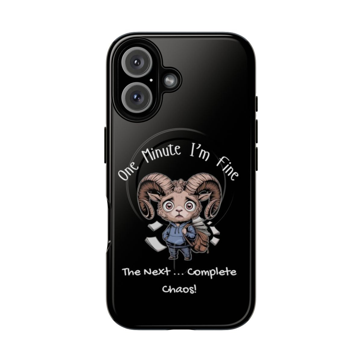 Relatable ram moment magnetic phone case with humorous design about chaos and productivity struggles