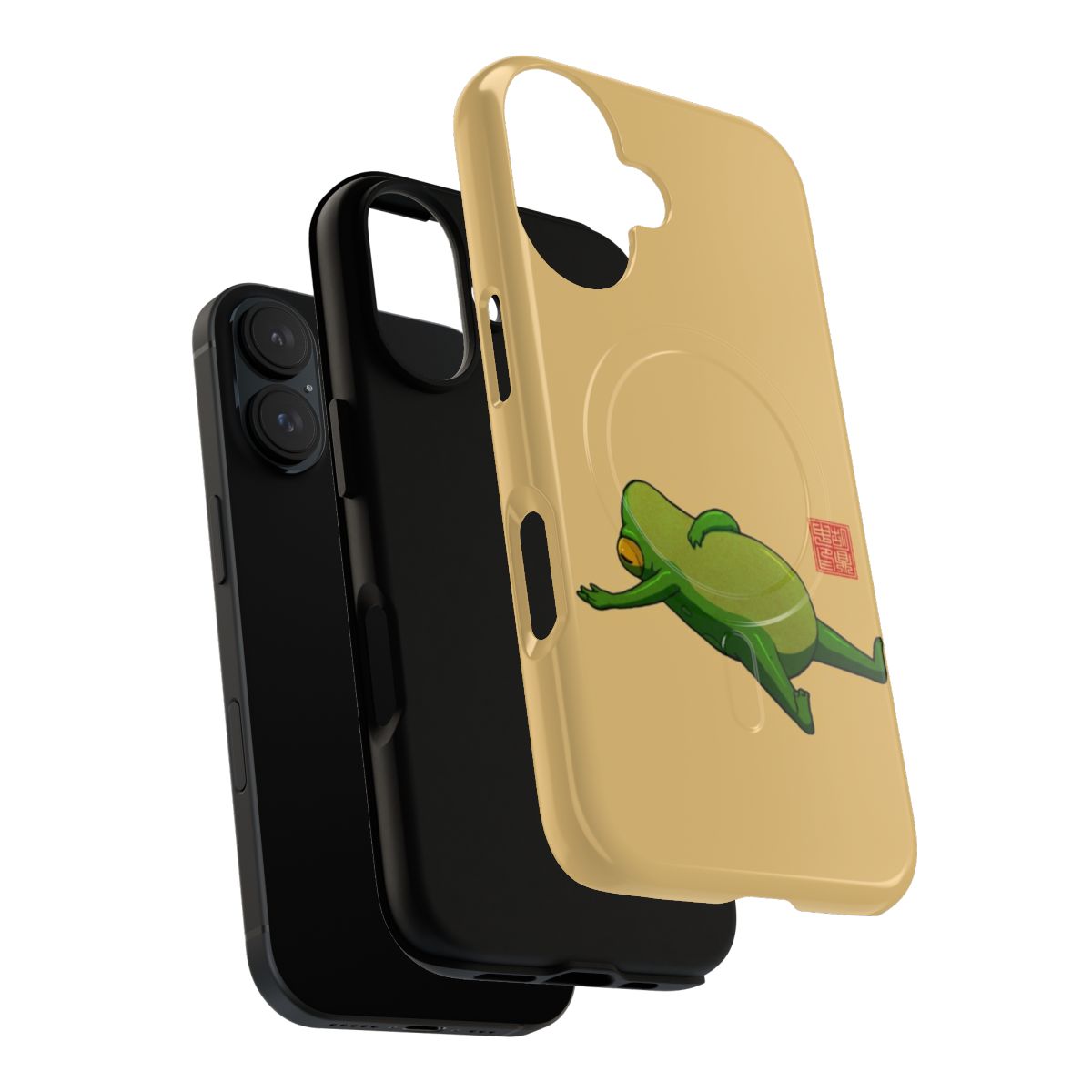 A vibrant phone case featuring a whimsical frog in a yoga pose, perfect for nature and exercise enthusiasts. - Layers