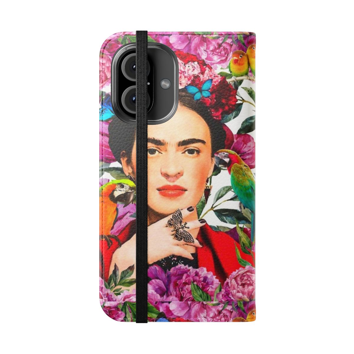 Vibrant phone case with Frida Kahlo-style flowers, birds, and butterflies - Folded Front