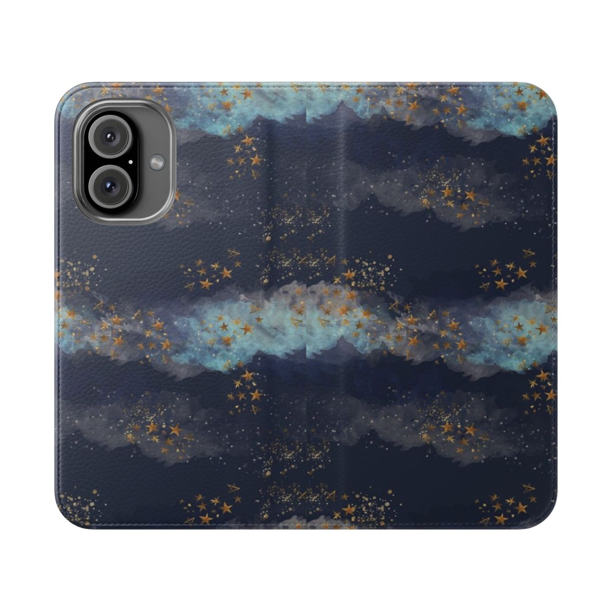 A phone case featuring a dreamy pastel night sky with stars and clouds.