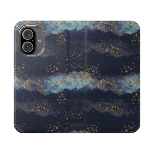 A phone case featuring a dreamy pastel night sky with stars and clouds.