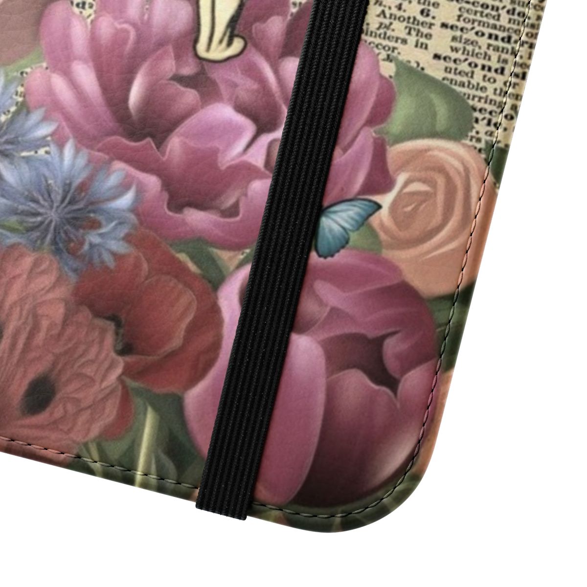 Vintage-style phone case featuring a whimsical "Wonderland Garden" design inspired by Alice in Wonderland. - Close Up