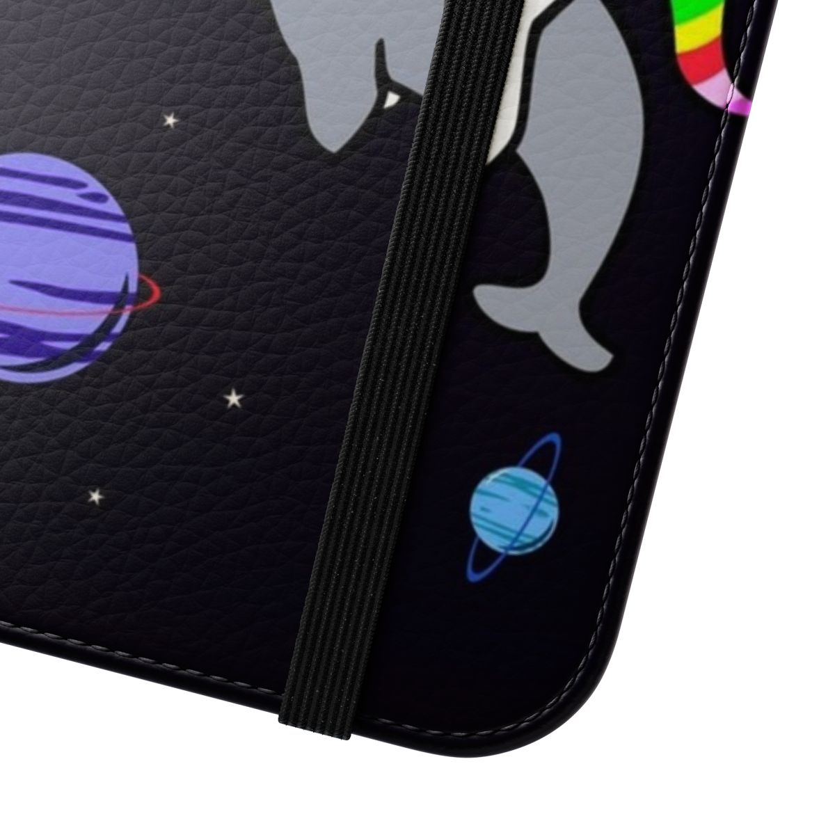 Vibrant illustration of a unicorn riding a narwhal in a cosmic space setting on a phone case cover. - Close Up