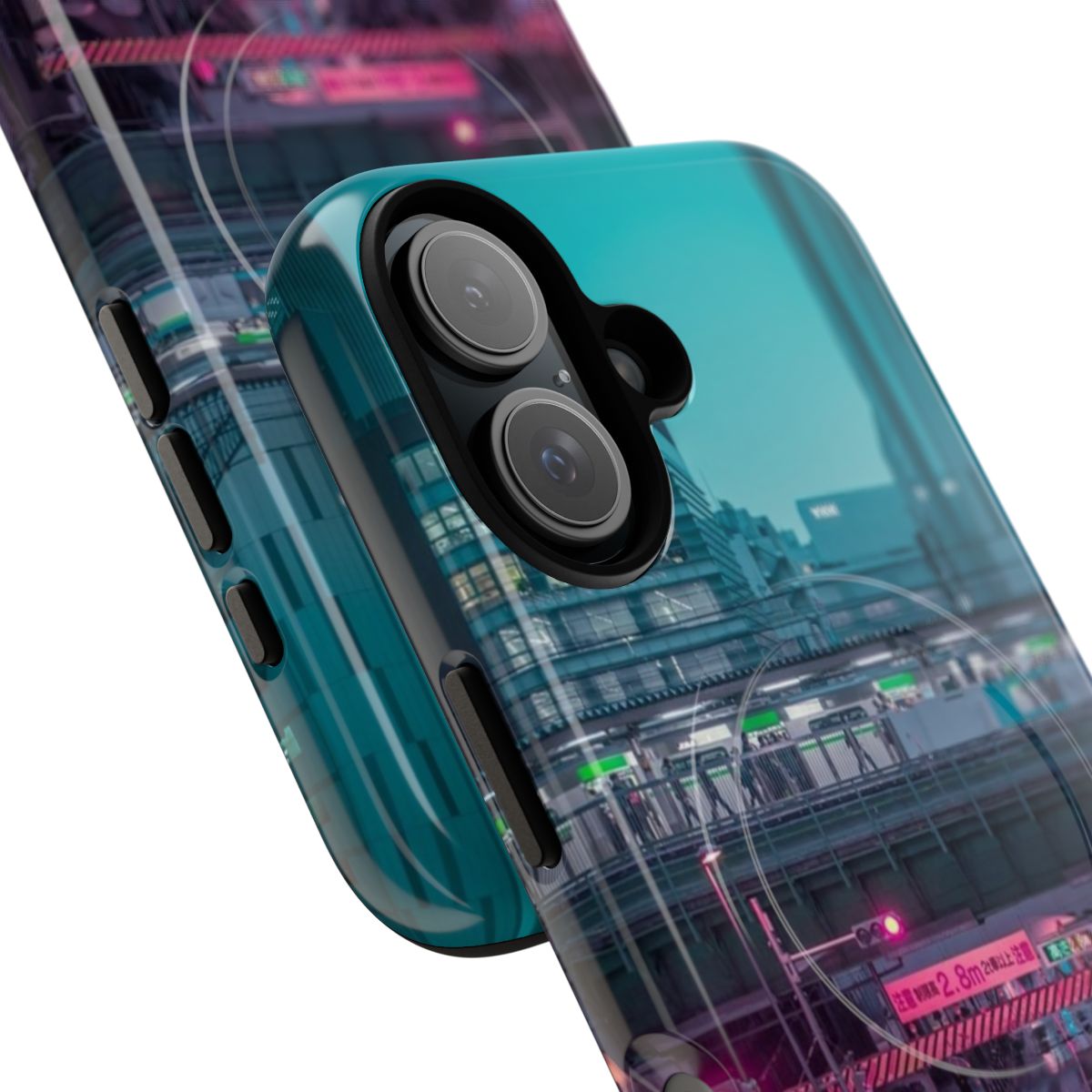 Neon-lit cityscape of Neo Tokyo on a magnetic tough phone case - Detail