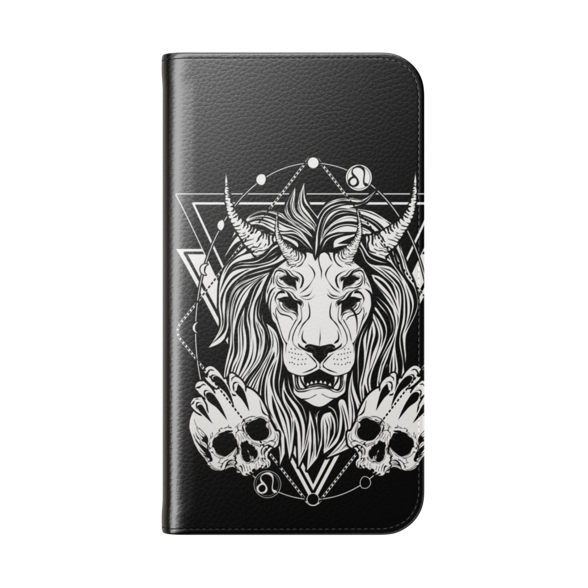 Dark Art Zodiac Leo Flip Cover Phone Case featuring a fierce lion with horns, skulls, and a monstrous design - Folded Back