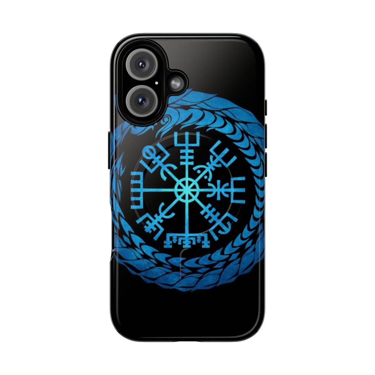 Runic Vegvisir and Jormungandr World Serpent design on a tough, magnetic phone case