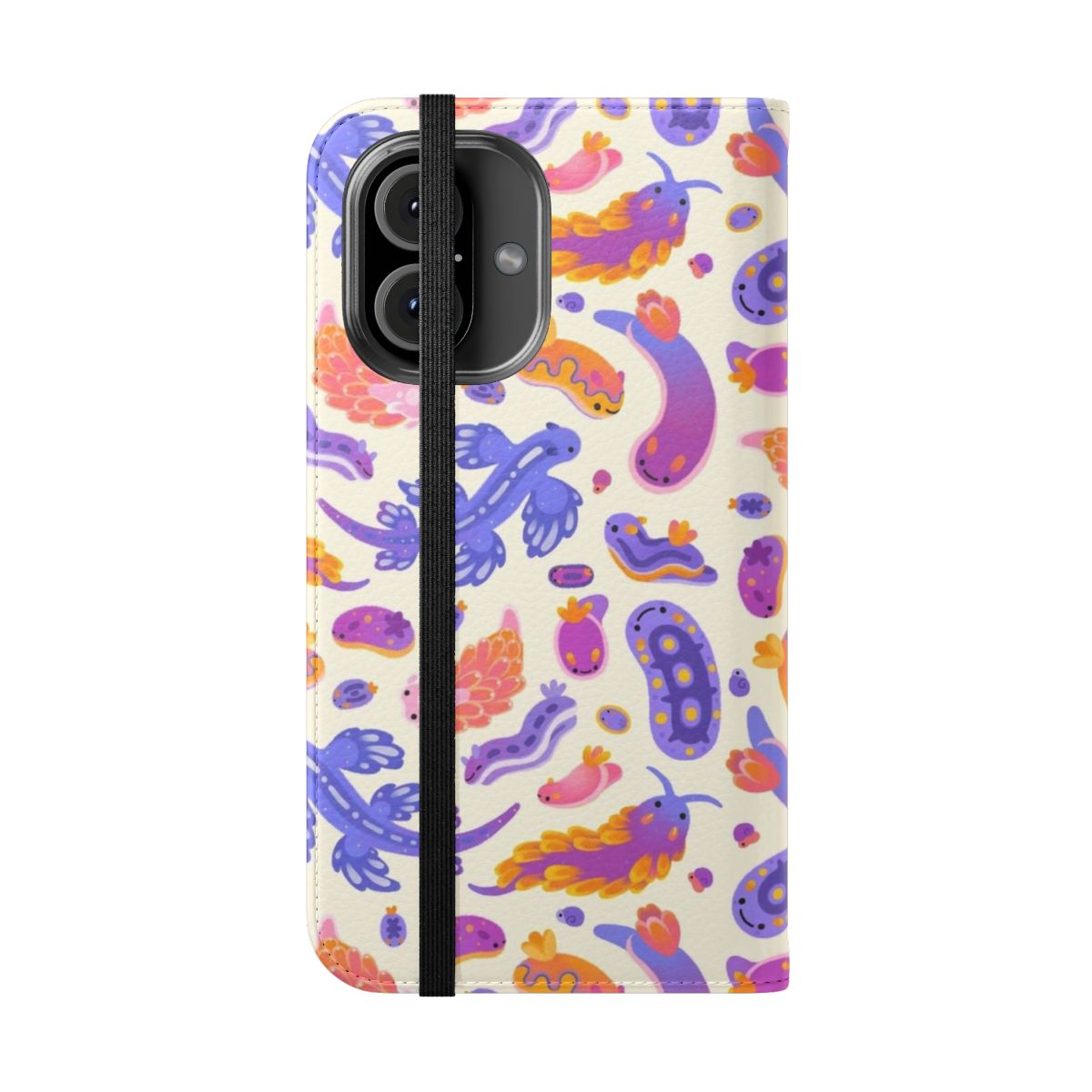 Closeup of a colorful pastel sea slug or nudibranch on a phone case - Folded Front