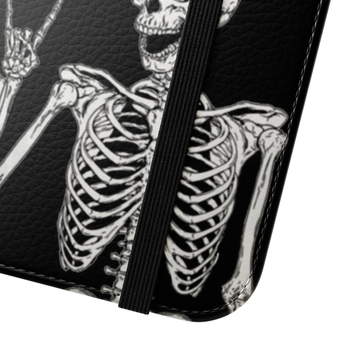 Skeleton design on a black flip cover phone case - Close Up