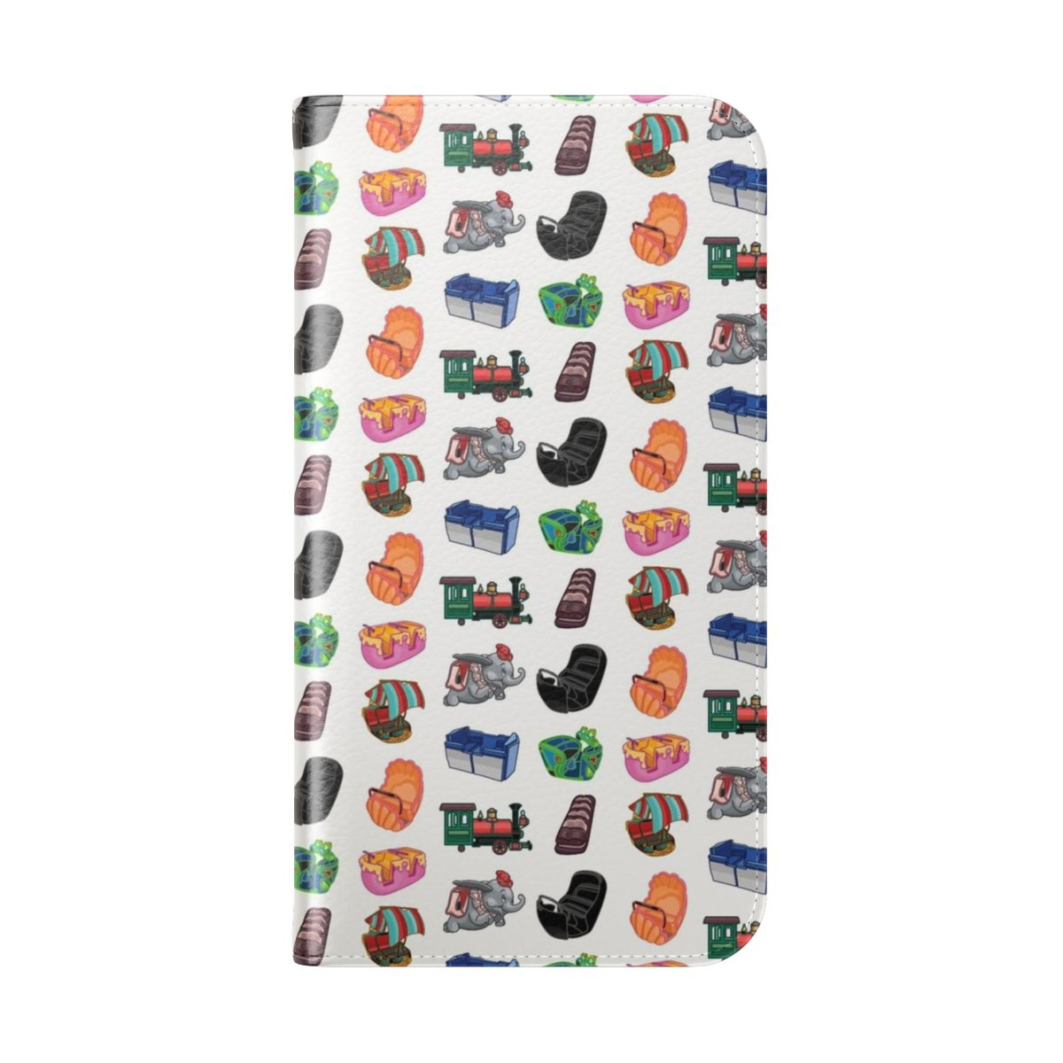 Flip cover phone case featuring designs inspired by popular Disney theme park rides like Jungle Cruise, Spaceship Earth, and Expedition Everest. - Folded Back