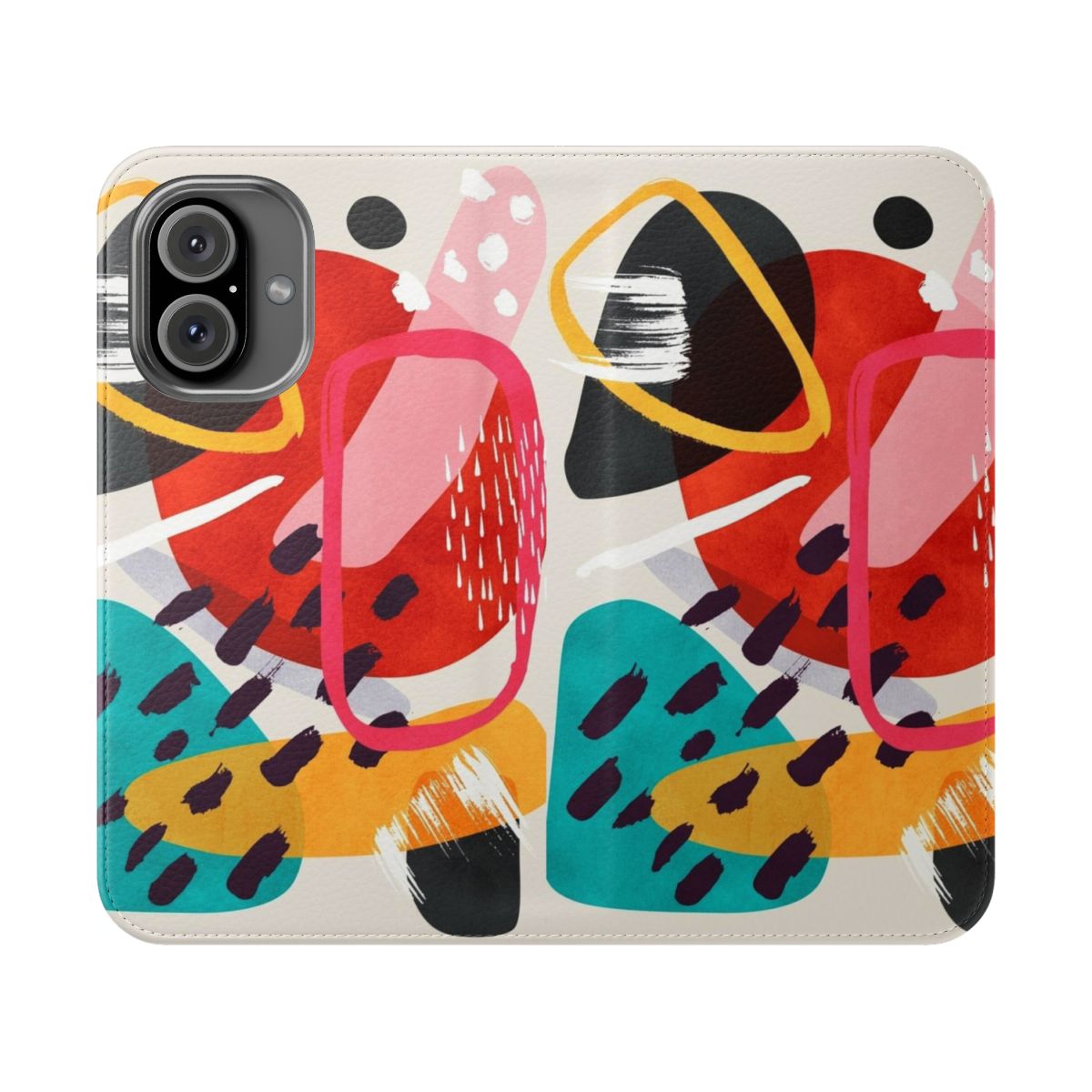 Abstract minimalist flip phone case with colorful brush strokes and overlapping shapes