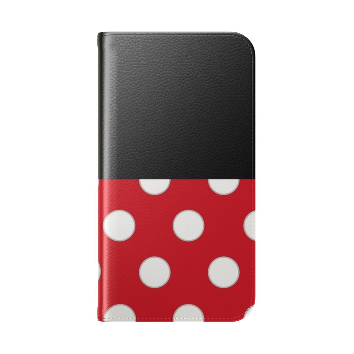 A red, white, and grey flip cover phone case with a Minnie Mouse inspired design. - Folded Back