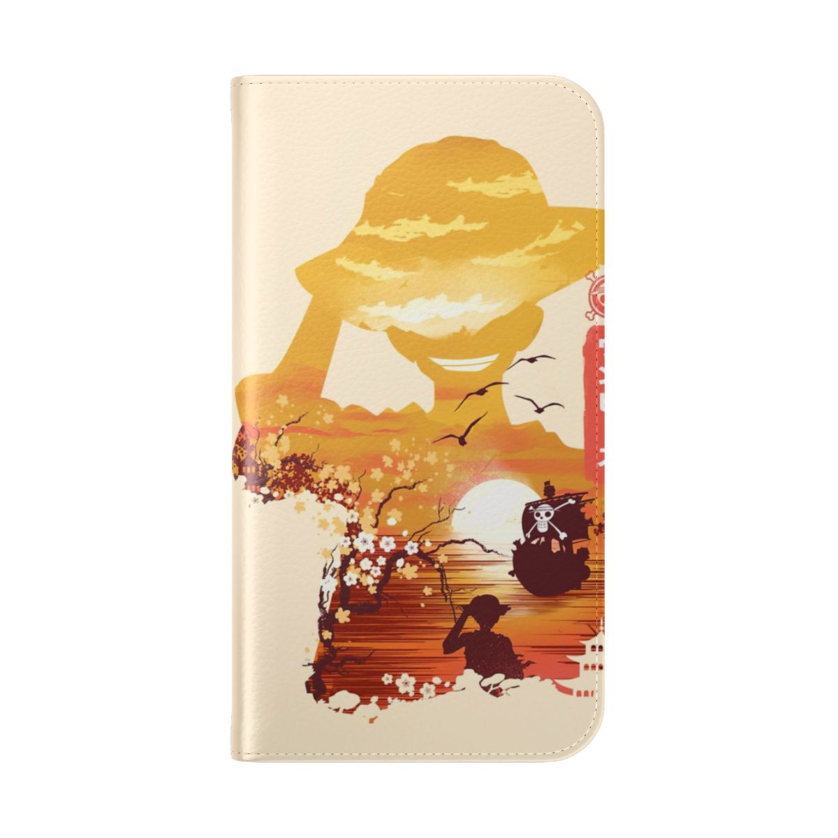 Flip cover phone case featuring characters from the popular anime and manga series One Piece. - Folded Back