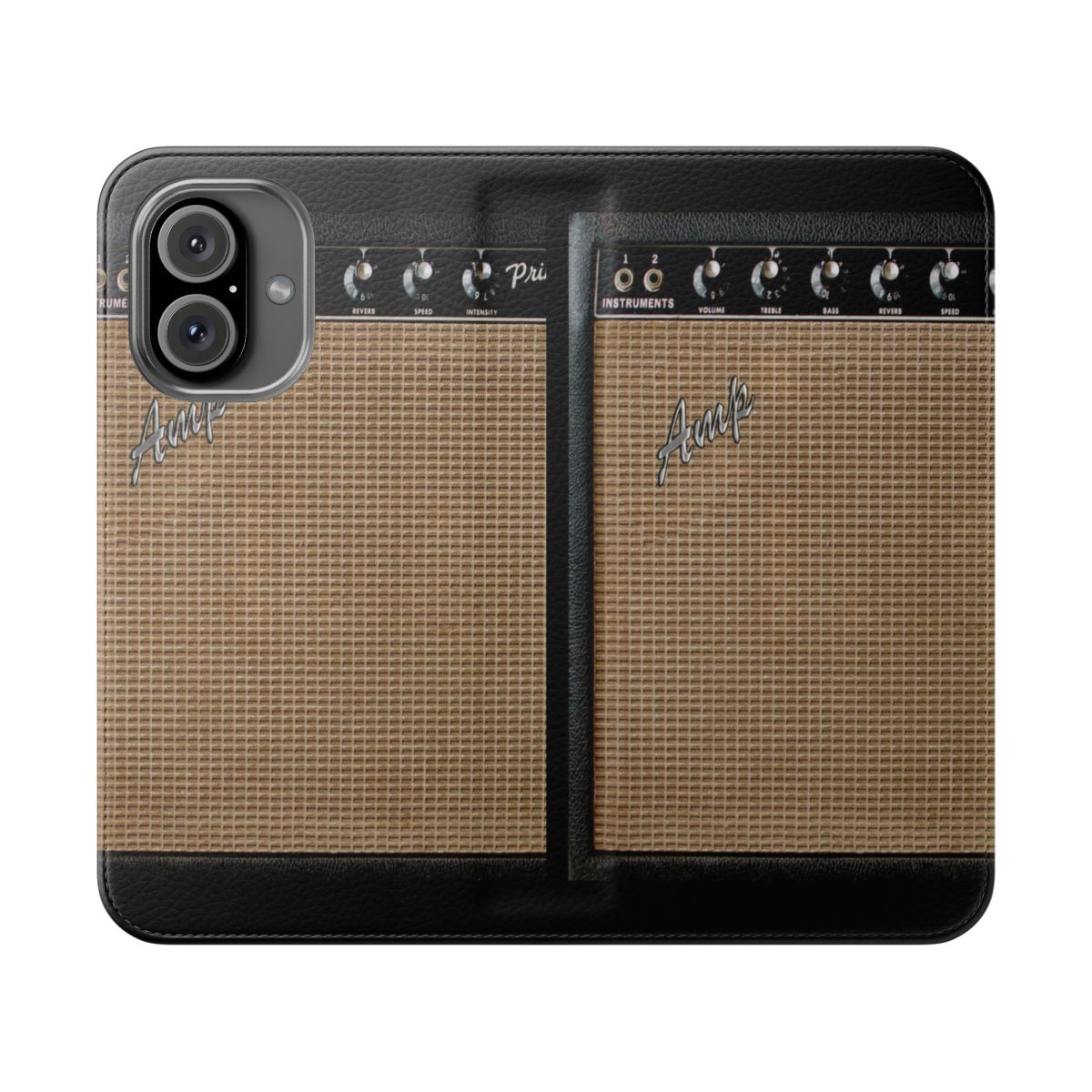 Flip cover phone case with a guitar amplifier design, great for musicians and guitar players.