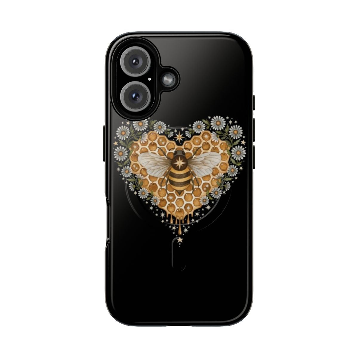 Stylish phone case with heart, honeycomb, and bee design