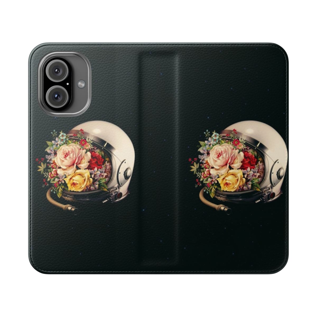 Floral phone case with a surreal, space-themed collage design featuring an astronaut, stars, and flowers.