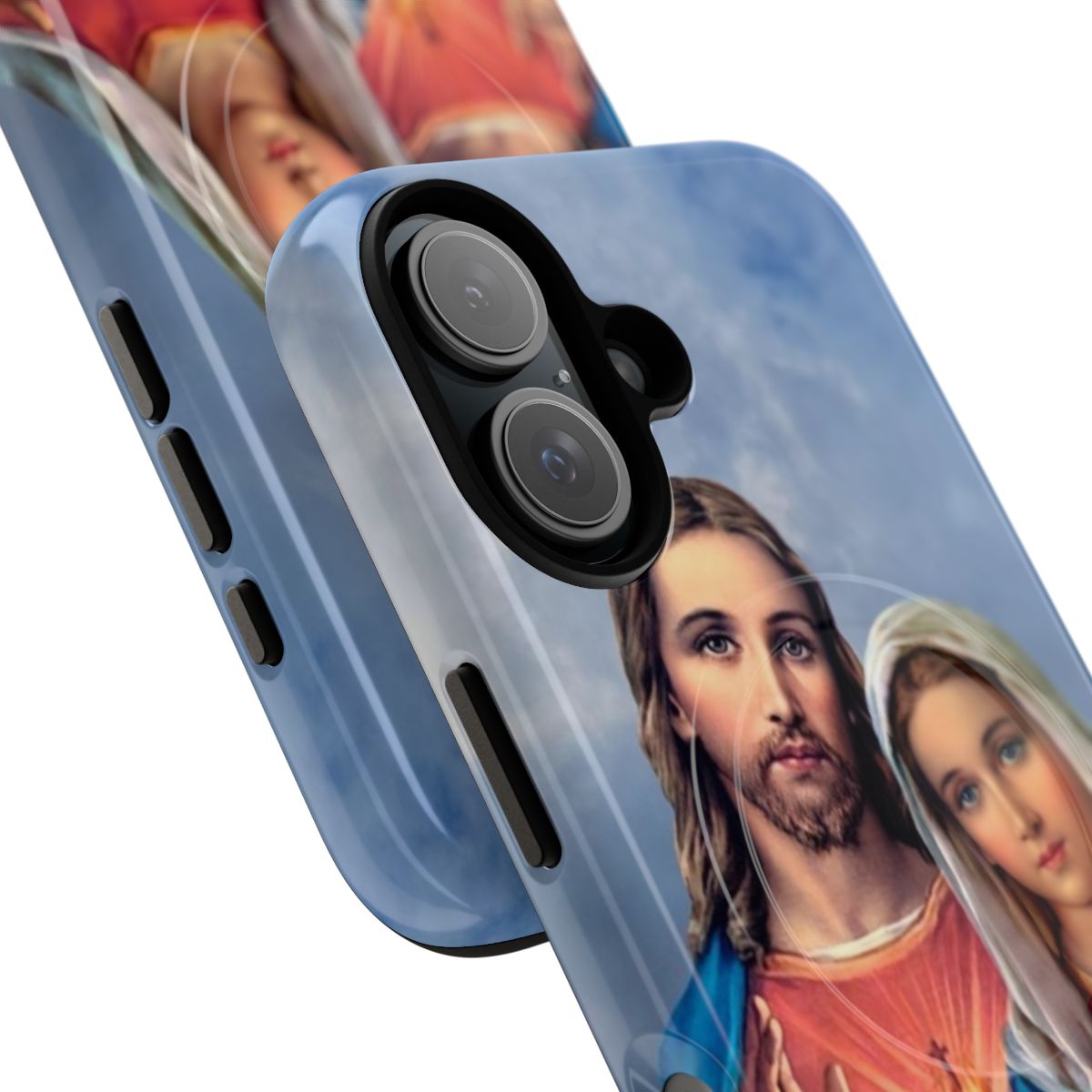 A phone case featuring an image of the Immaculate Heart of the Blessed Virgin Mary against a sky background. - Detail