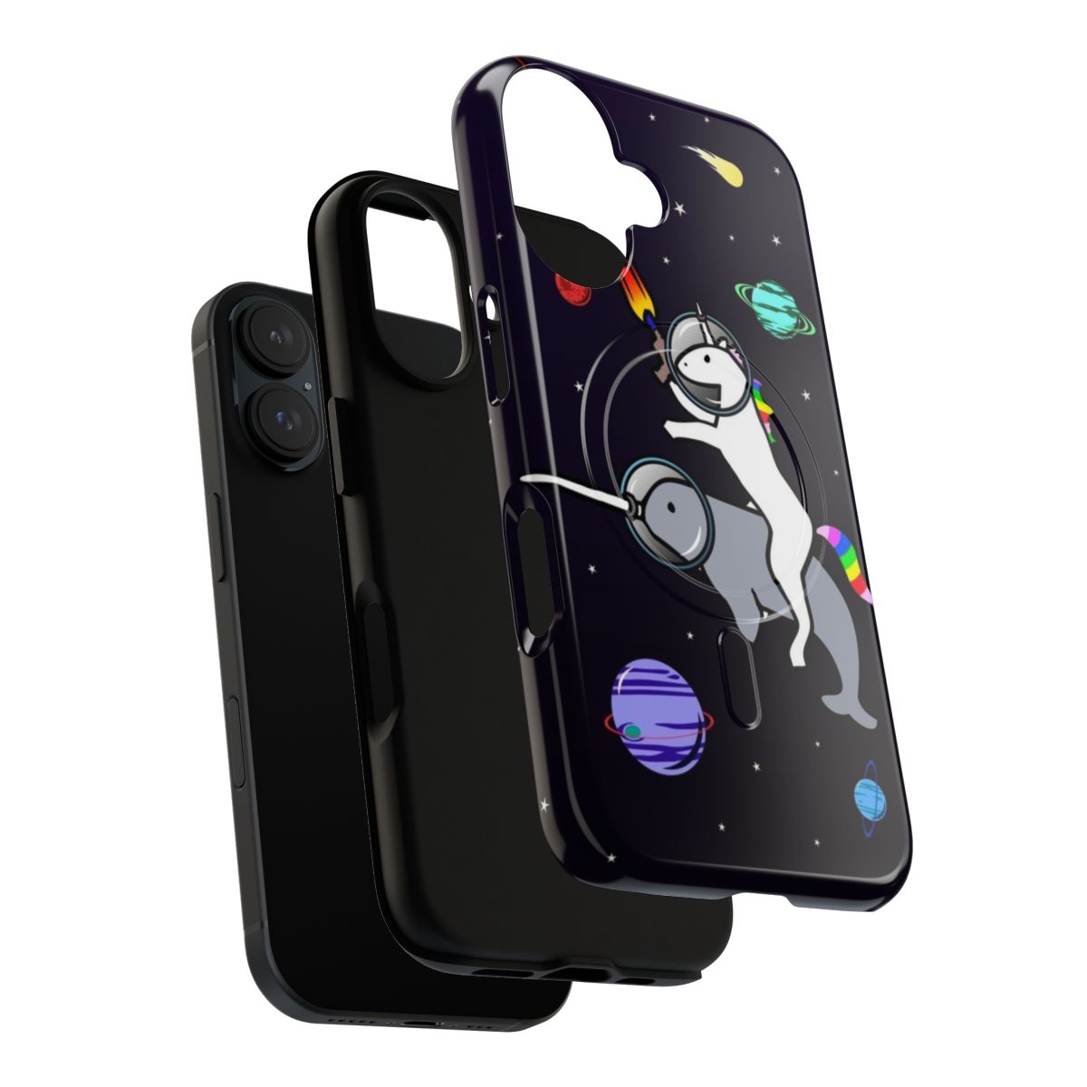 Illustrated phone case featuring a unicorn riding a narwhal in a space scene - Layers