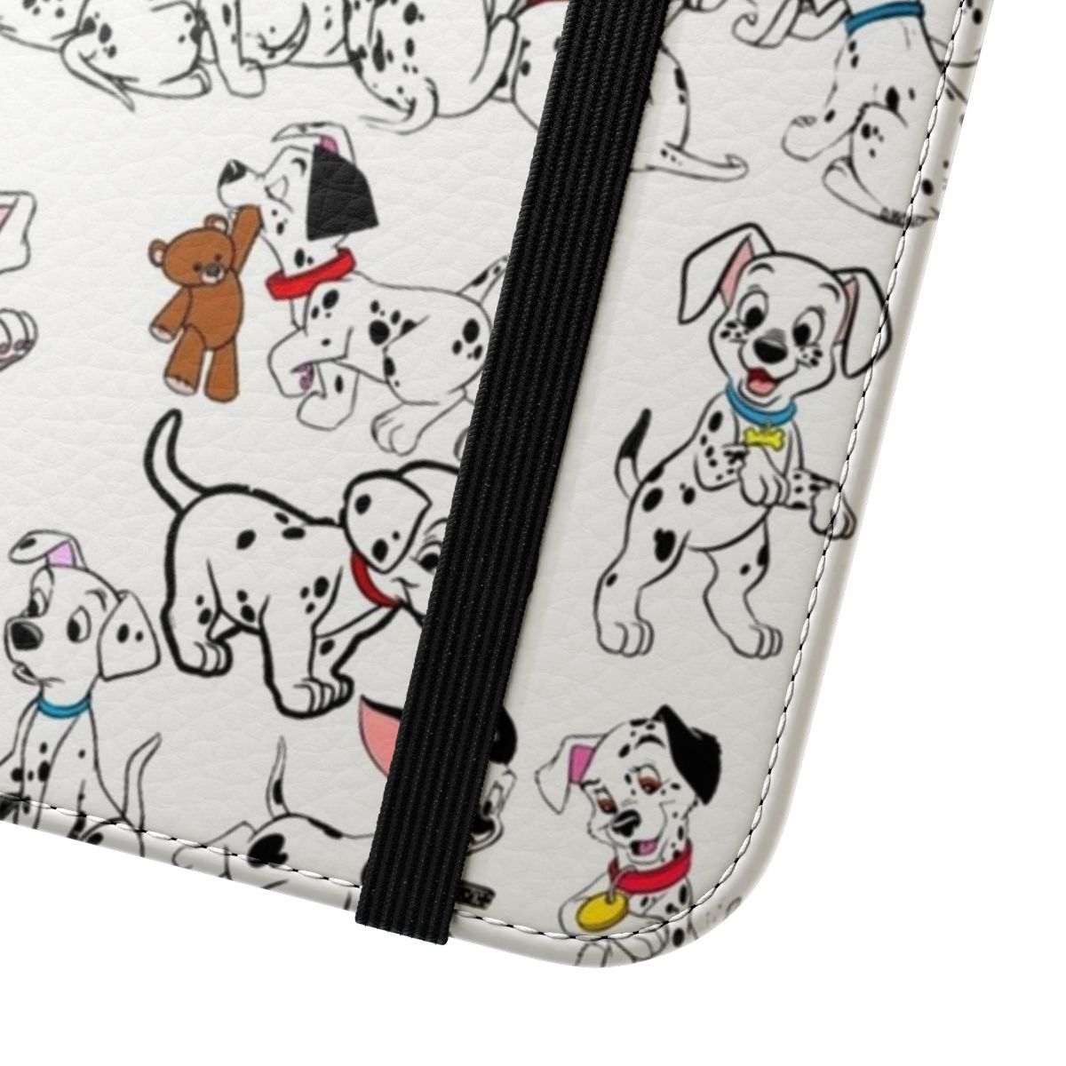 A flip phone case featuring a collage of 101 Dalmatian puppies in black, white, and gray tones. - Close Up