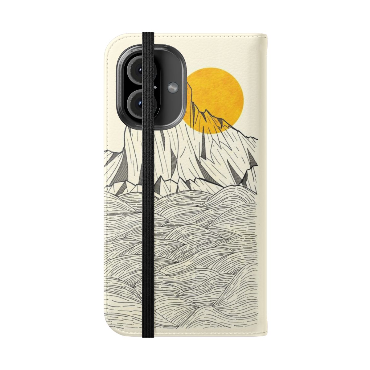 Minimalist phone case featuring a simple outline illustration of a coastal landscape with cliffs, mountains, and the sun. - Folded Front