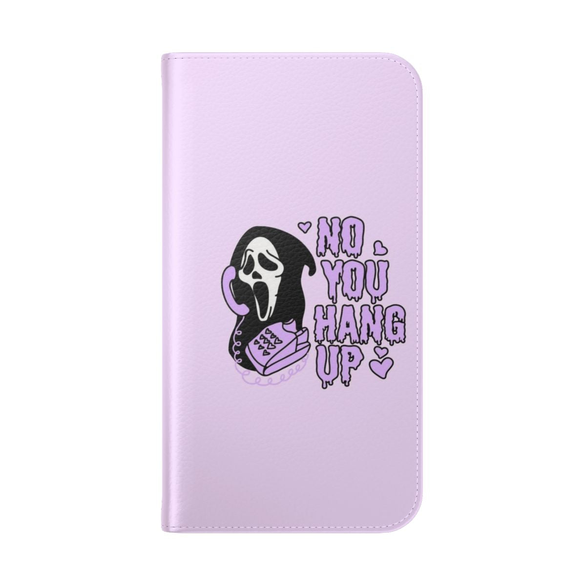 Ghostface-inspired horror flip cover phone case with "No You Hang Up" text - Folded Back