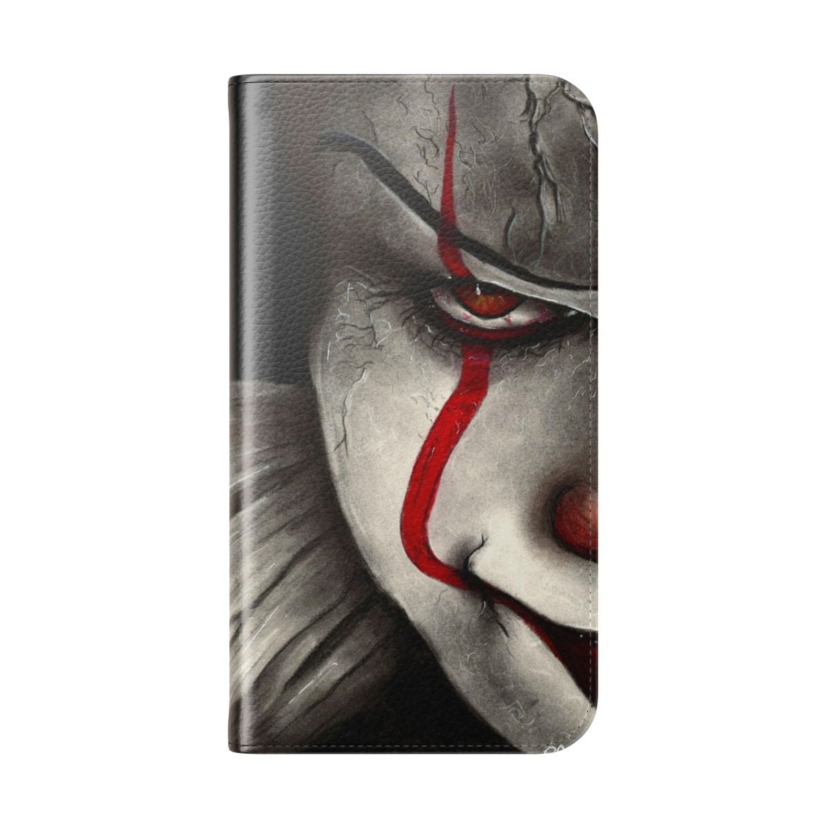 A black and white realistic portrait of a creepy clown face with a balloon, perfect for a Halloween-themed phone case. - Folded Back