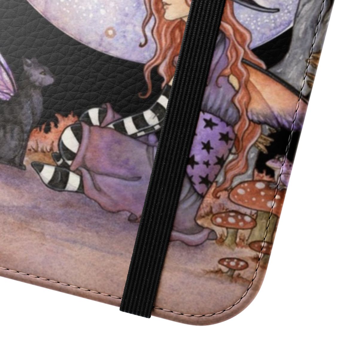 Enchanted moon magick phone case with fantasy illustrations of a full moon, fairy cat, mushrooms, and a twisted tree. - Close Up