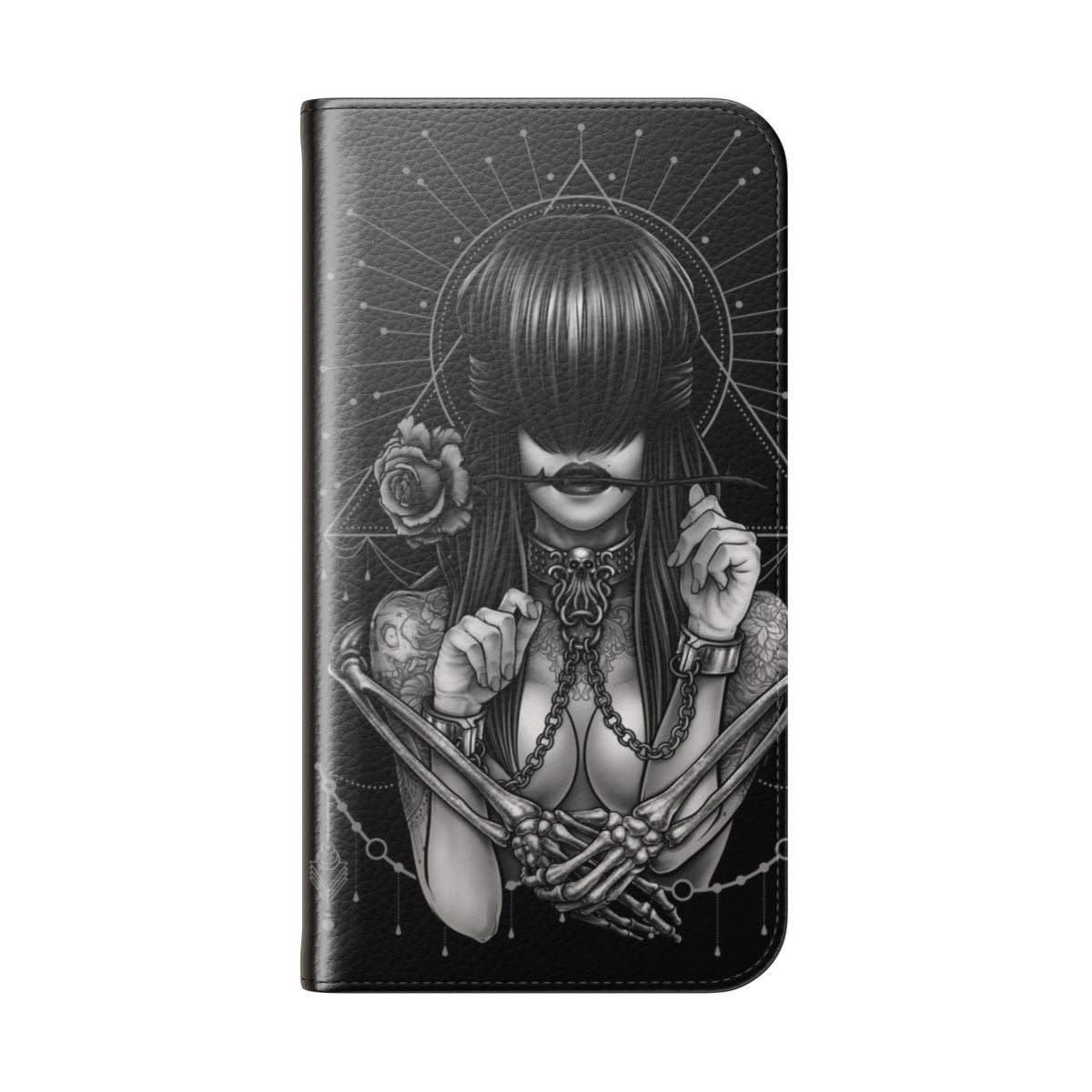 Black and white "See No Evil" flip phone case with neo-traditional tattoo-inspired design - Folded Back