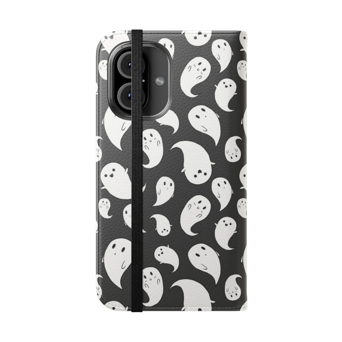 Paisley-patterned flip cover phone case with a spooky, ghostly theme - Folded Front