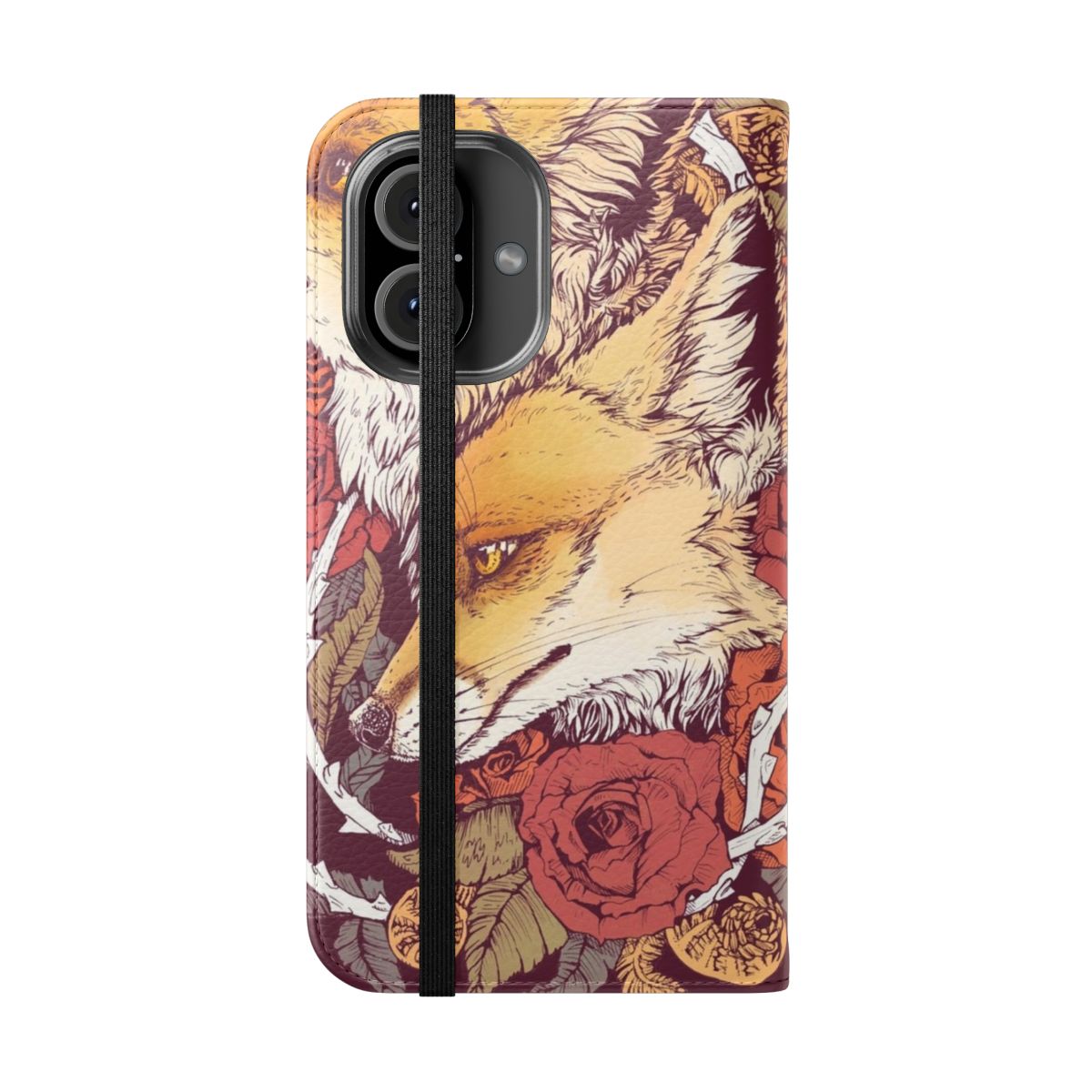 Closeup of a vibrant red fox design with flowers, ferns, and spiral patterns on a phone case - Folded Front