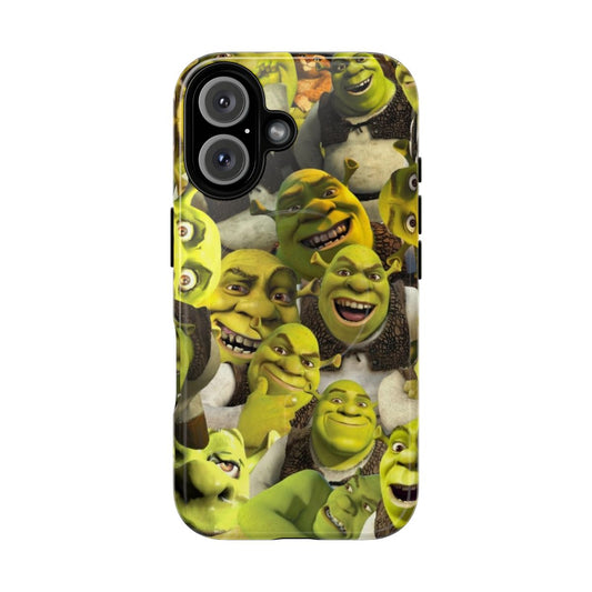 Vibrant, artistic phone case featuring a collage of Shrek characters and imagery.