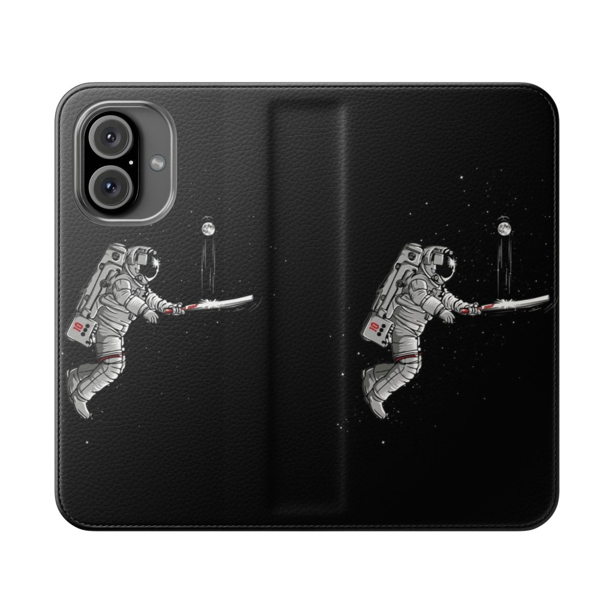 Space cricket-themed flip cover phone case with moon, astronaut, and planet design