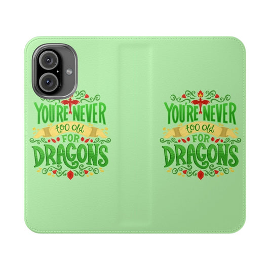 A flip phone case featuring a dragon and fantasy lettering design