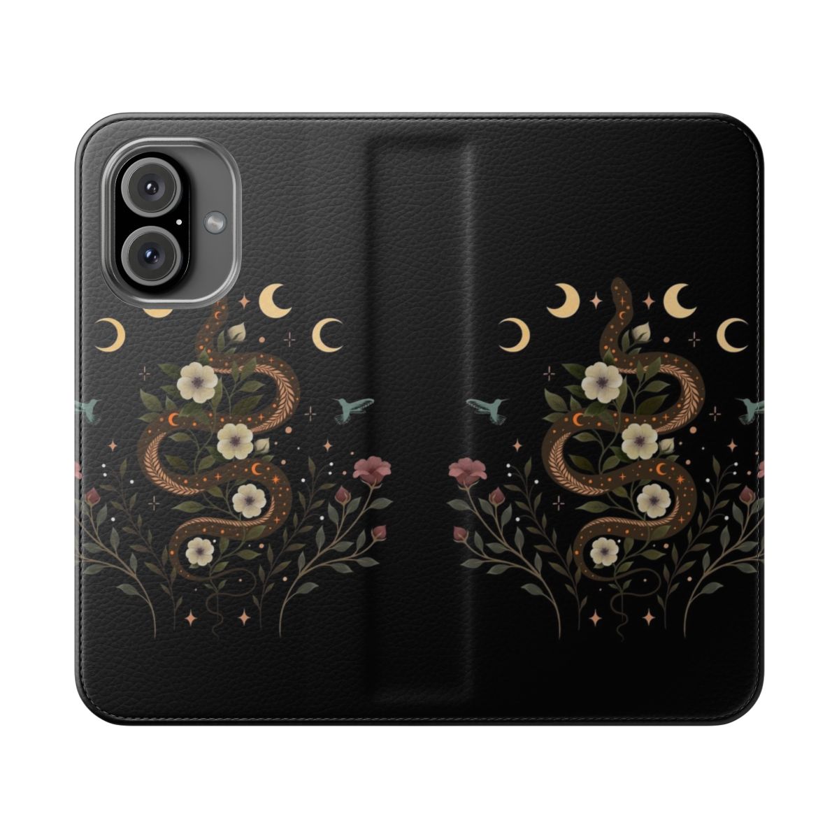 Enchanting flip phone case with a botanical serpent design, featuring a moonlit garden scene.