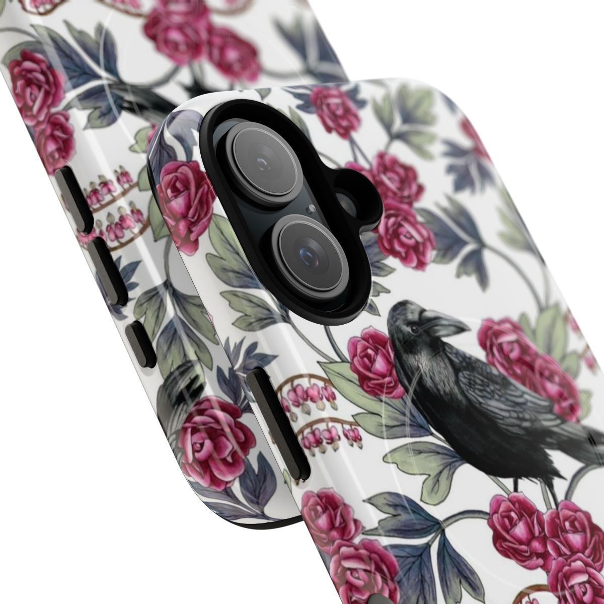 A phone case featuring a floral and botanical pattern with crows, bleeding hearts, and roses. - Detail