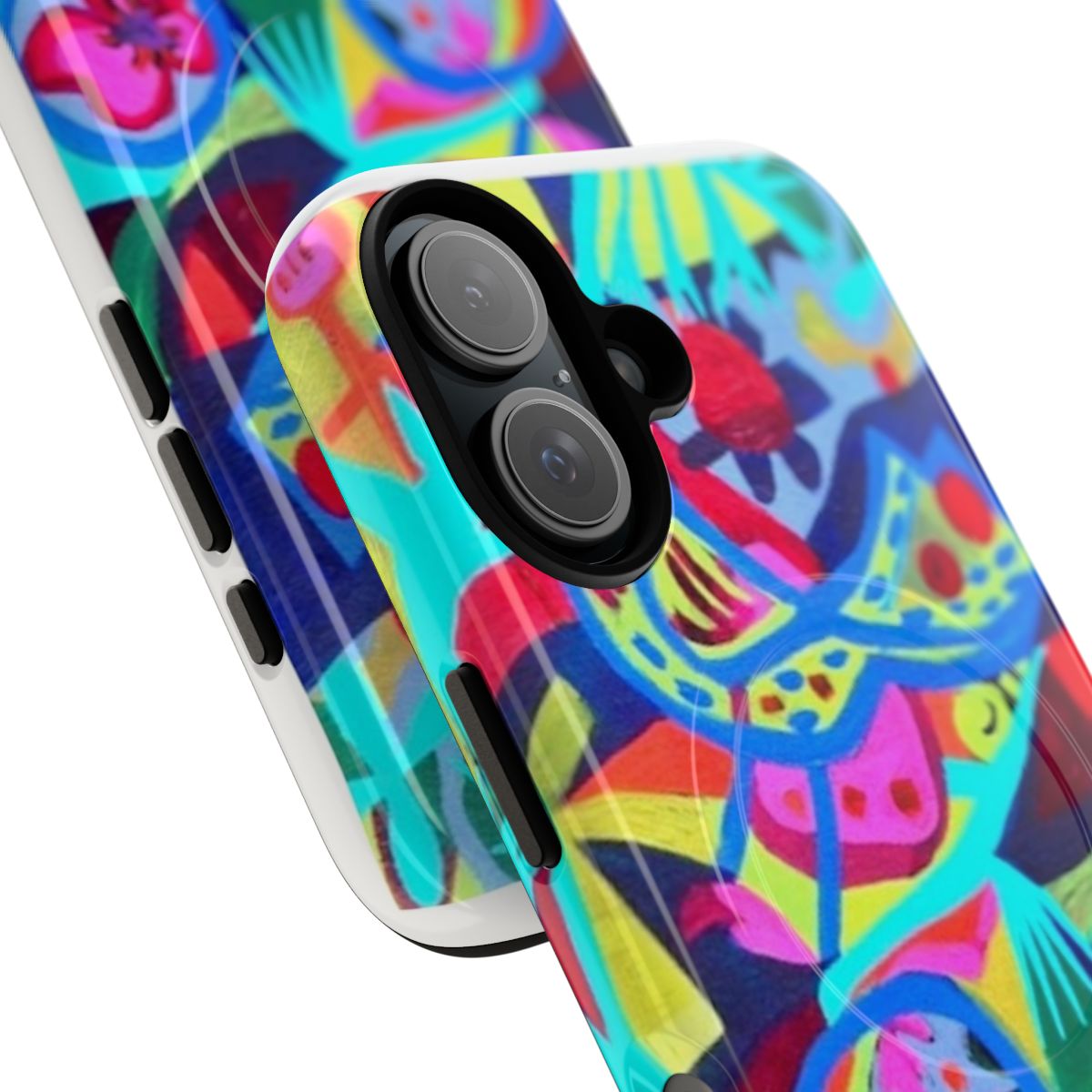 Vibrant magnetic phone case with a colorful floral and bird design - Detail