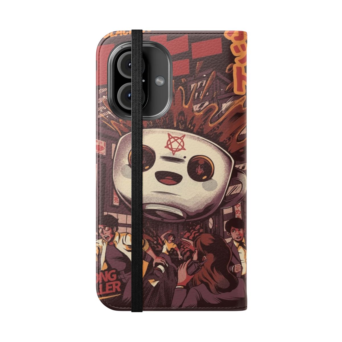 Artistic flip cover phone case featuring a surreal, pop art inspired design with a black magic coffee creature - Folded Front