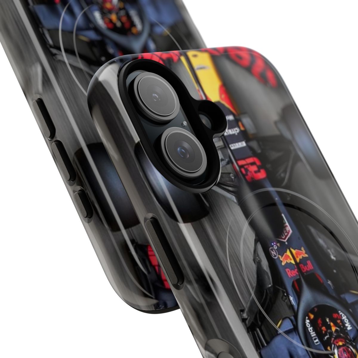 Stylish phone case featuring an illustration of Formula 1 driver Max Verstappen - Detail