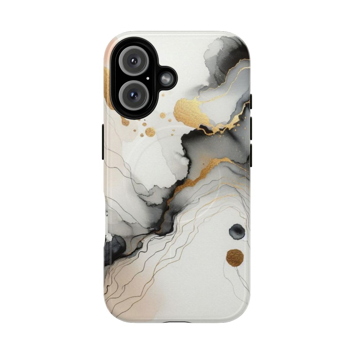 Ethereal cartography-themed phone case with abstract art, flowing lines, and gold accents on a white background