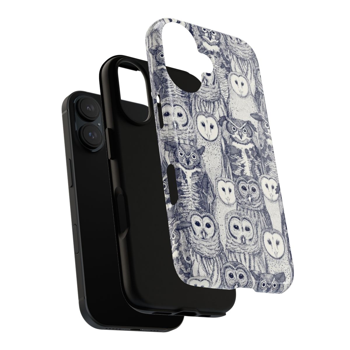 A magnetic tough phone case featuring a pattern of owls in blue, ivory, and black tones. - Layers