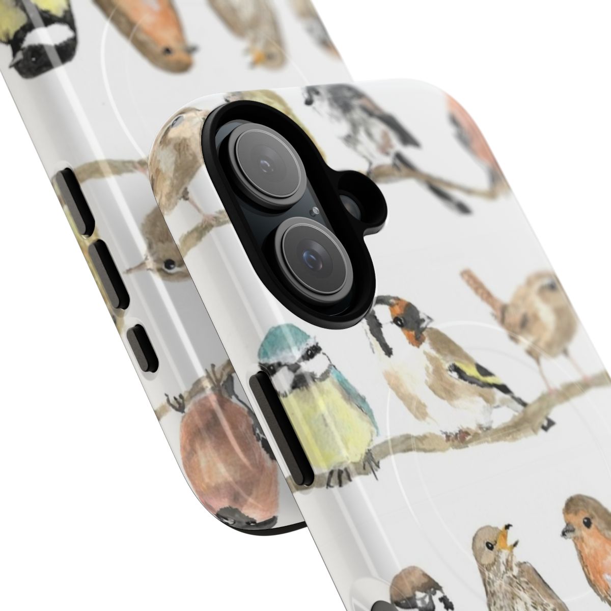 Colorful illustration of garden birds on a magnetic phone case - Detail