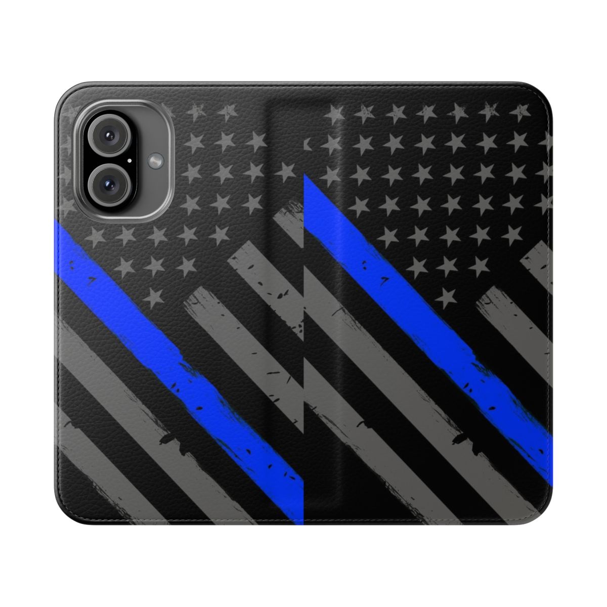 A blue and black phone case with a thin blue line American flag design, supporting police officers and law enforcement.