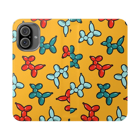 Colorful illustrated phone case featuring a repeating pattern of whimsical balloon animal dogs in shades of yellow, red, and blue.