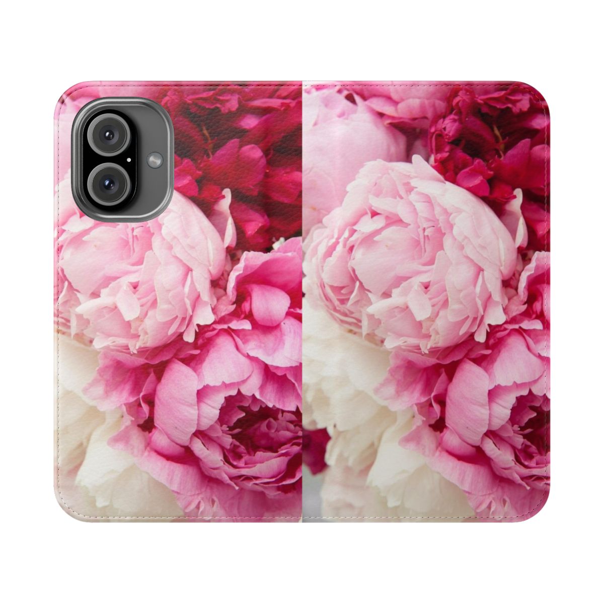 Vibrant floral phone case featuring a bouquet of pink peonies and crimson flowers