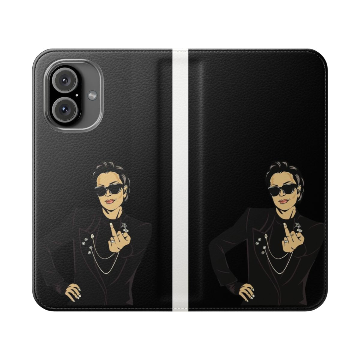 Stylish black flip cover phone case with Kris Jenner-inspired design