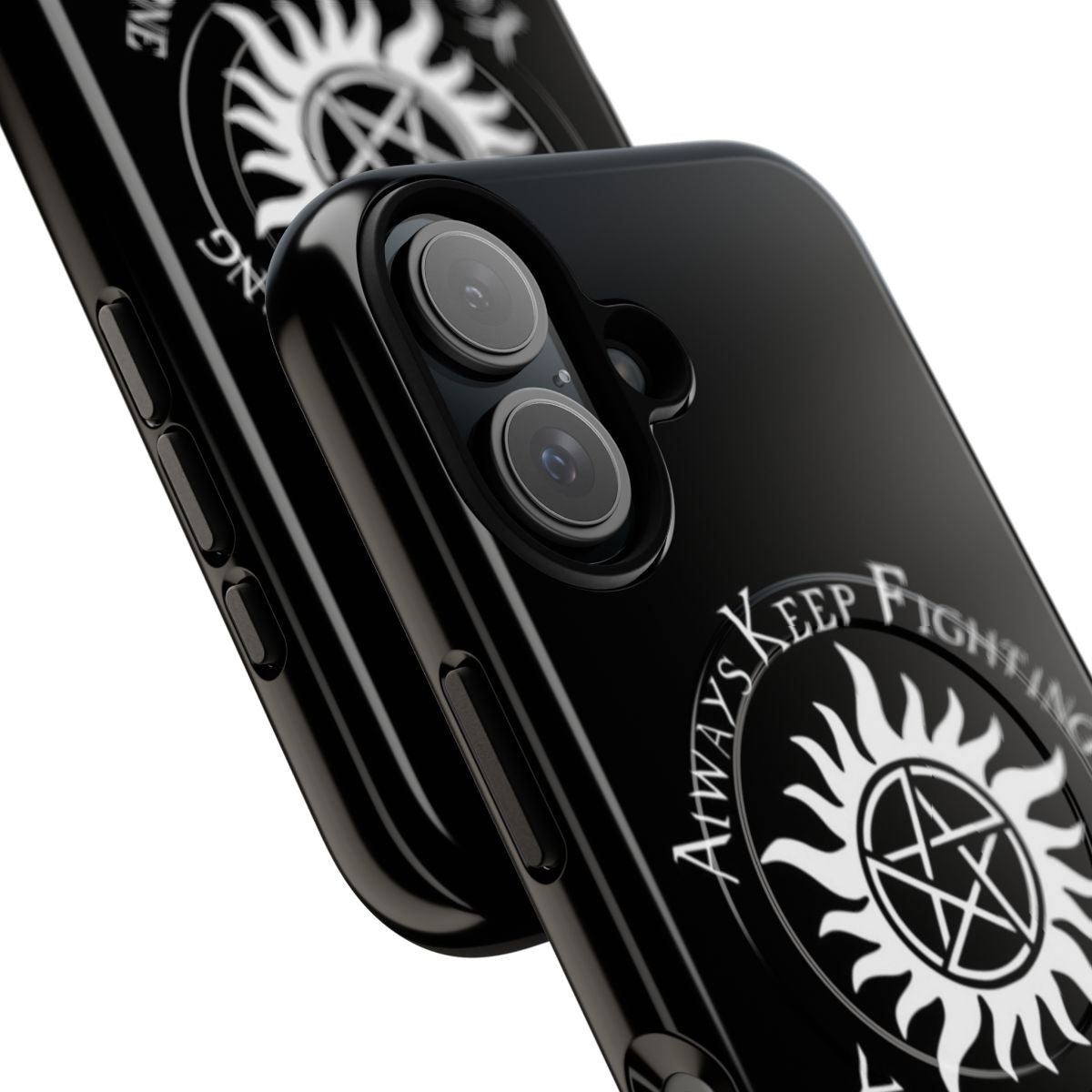 Supernatural themed magnetic tough phone case with pentagram, anti-possession, and family business imagery - Detail