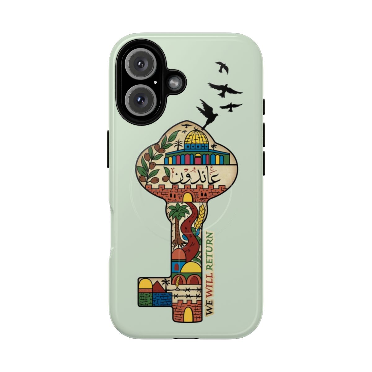 Vibrant phone case design featuring Palestinian symbols and slogans